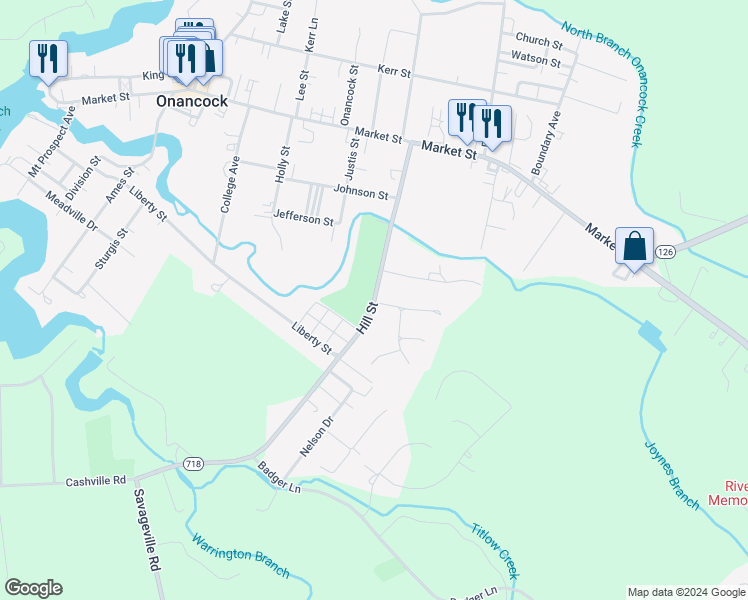 map of restaurants, bars, coffee shops, grocery stores, and more near Hill Street in Onancock