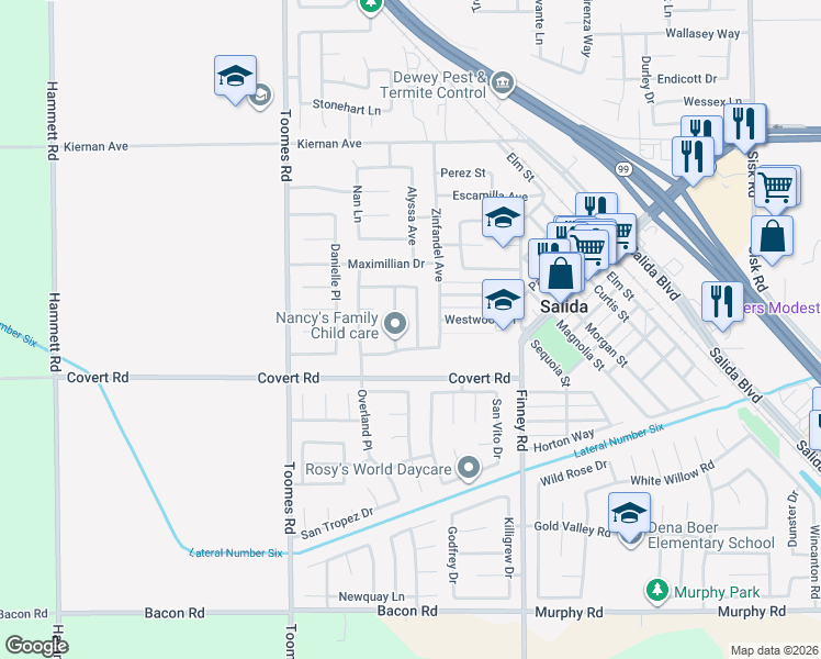 map of restaurants, bars, coffee shops, grocery stores, and more near 4509 Fallbrook Place in Salida