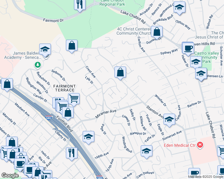 map of restaurants, bars, coffee shops, grocery stores, and more near 19100 Crest Avenue in Castro Valley