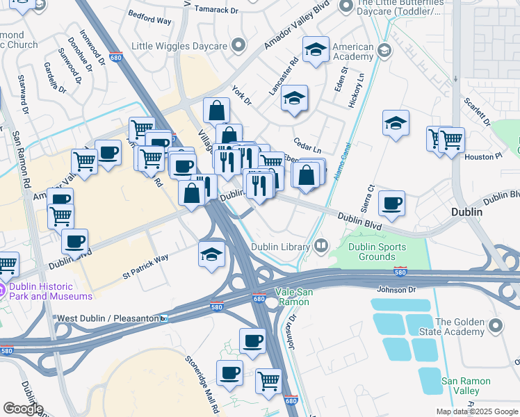 map of restaurants, bars, coffee shops, grocery stores, and more near 7106 Village Parkway in Dublin