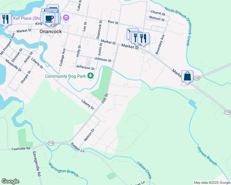 map of restaurants, bars, coffee shops, grocery stores, and more near 4-10 Hillcrest Drive in Onancock