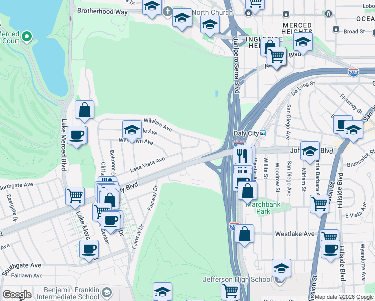 map of restaurants, bars, coffee shops, grocery stores, and more near 91 Hillsdale Avenue in Daly City