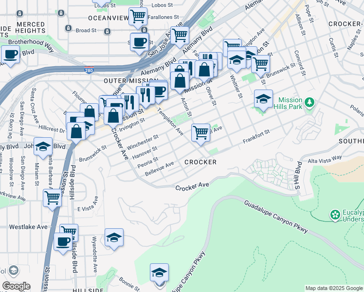 map of restaurants, bars, coffee shops, grocery stores, and more near 42 Peoria Street in Daly City