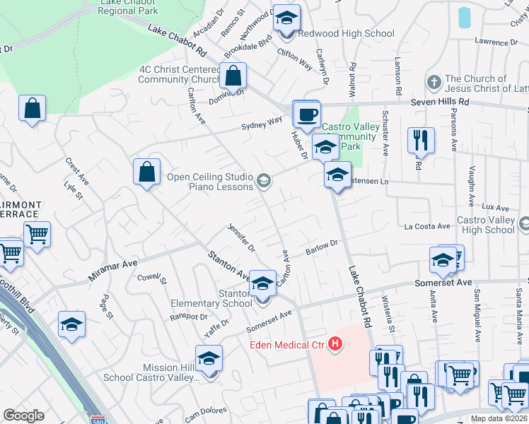 map of restaurants, bars, coffee shops, grocery stores, and more near 19061 Carlton Avenue in Castro Valley