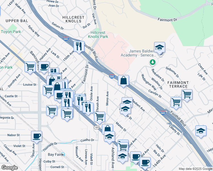 map of restaurants, bars, coffee shops, grocery stores, and more near 15602 Maubert Avenue in San Leandro