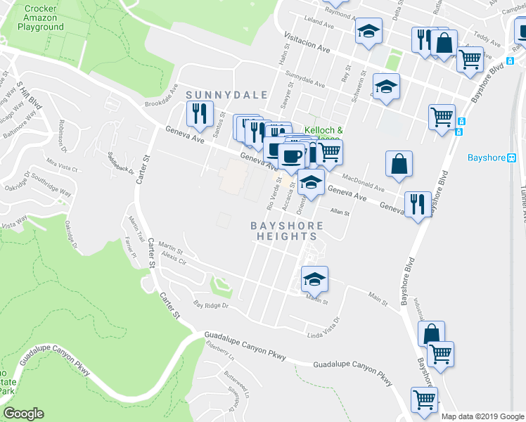 map of restaurants, bars, coffee shops, grocery stores, and more near 183 Rio Verde Street in Daly City