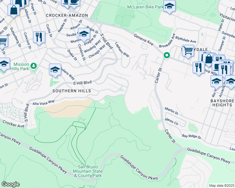 map of restaurants, bars, coffee shops, grocery stores, and more near 6 Ardendale Drive in Daly City