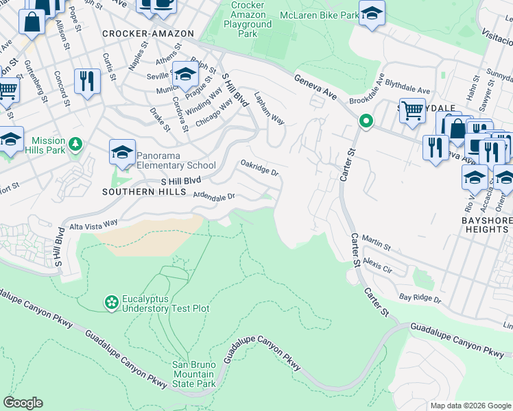 map of restaurants, bars, coffee shops, grocery stores, and more near 6 Ardendale Drive in Daly City
