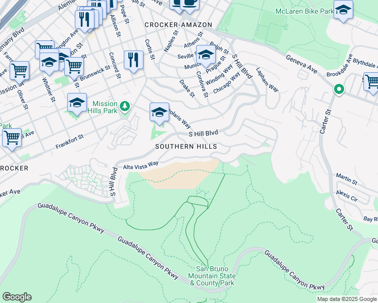 map of restaurants, bars, coffee shops, grocery stores, and more near 298 Ardendale Drive in Daly City