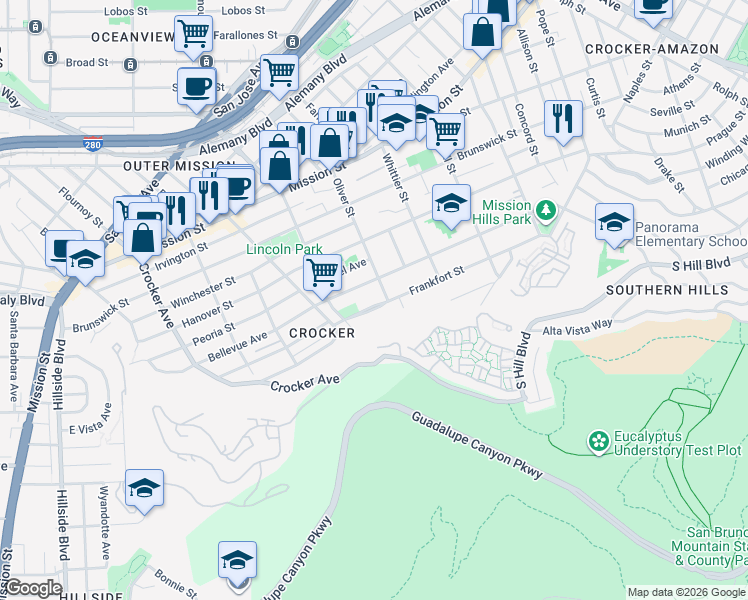 map of restaurants, bars, coffee shops, grocery stores, and more near 331 Oliver Street in Daly City