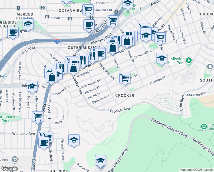 map of restaurants, bars, coffee shops, grocery stores, and more near 912 Hanover Street in Daly City
