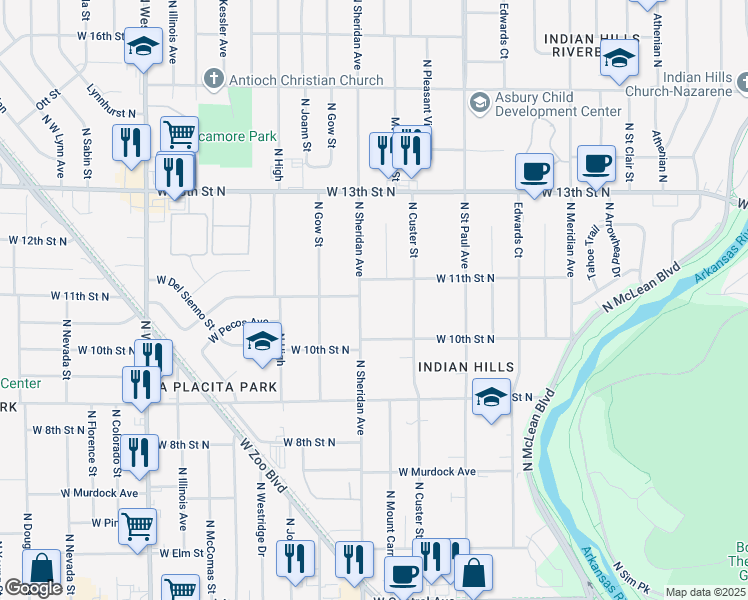map of restaurants, bars, coffee shops, grocery stores, and more near 1148 N Sheridan St in Wichita