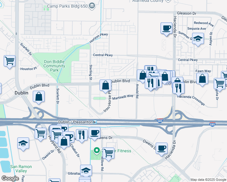 map of restaurants, bars, coffee shops, grocery stores, and more near 5530 Esprit Way in Dublin