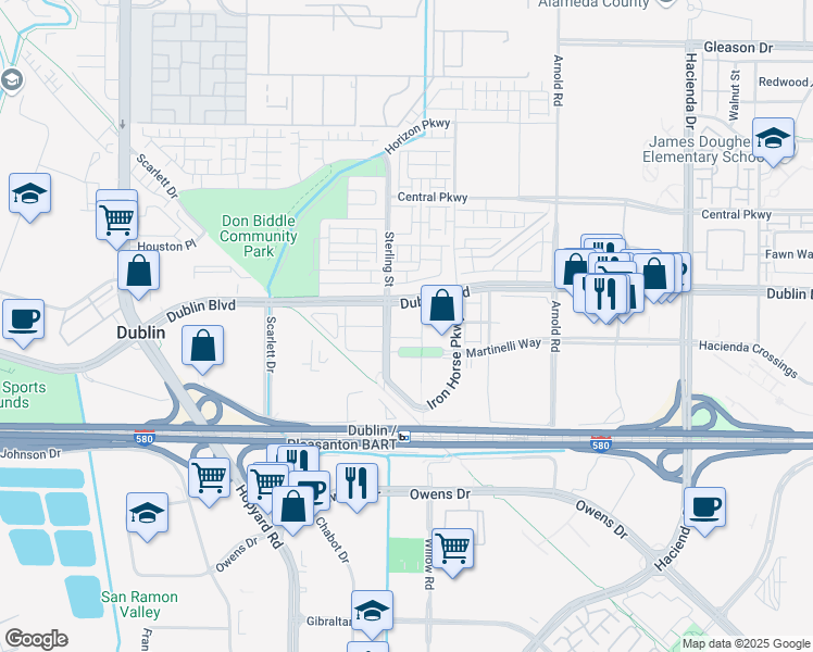 map of restaurants, bars, coffee shops, grocery stores, and more near 5501 DeMarcus Boulevard in Dublin