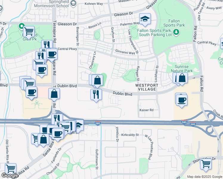 map of restaurants, bars, coffee shops, grocery stores, and more near 3465 Dublin Boulevard in Dublin