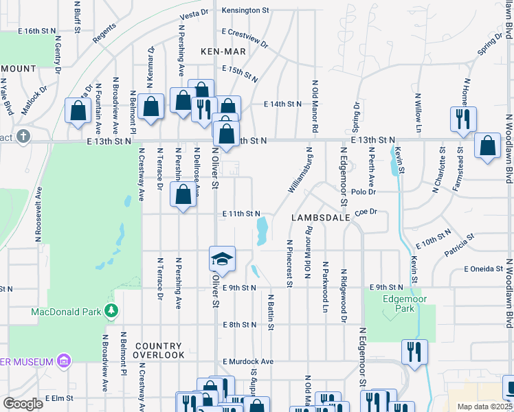 map of restaurants, bars, coffee shops, grocery stores, and more near 1210 Harding Street in Wichita