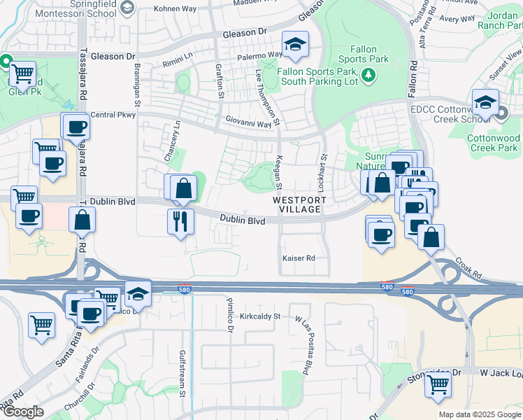 map of restaurants, bars, coffee shops, grocery stores, and more near 3275 Dublin Boulevard in Dublin