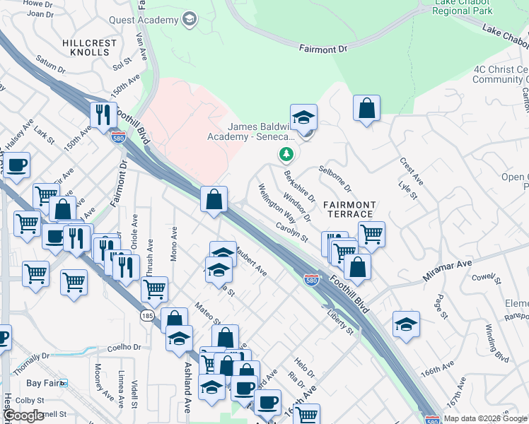 map of restaurants, bars, coffee shops, grocery stores, and more near 15976 Carolyn Street in San Leandro
