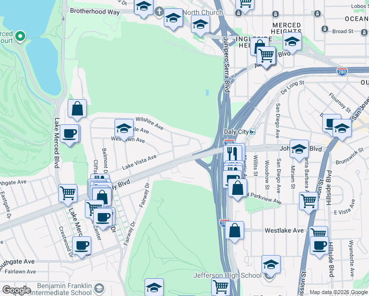 map of restaurants, bars, coffee shops, grocery stores, and more near 51 Hillsdale Avenue in Daly City