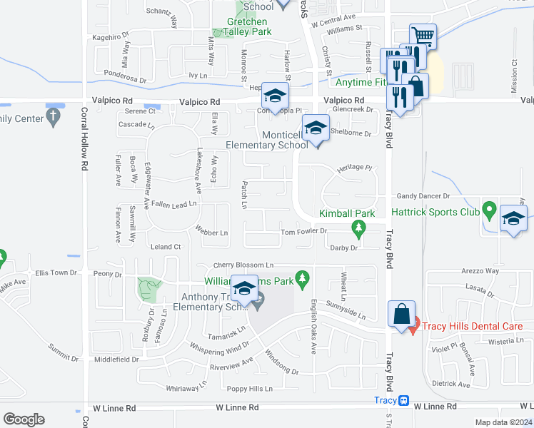 map of restaurants, bars, coffee shops, grocery stores, and more near 1388 Jonathan Place in Tracy