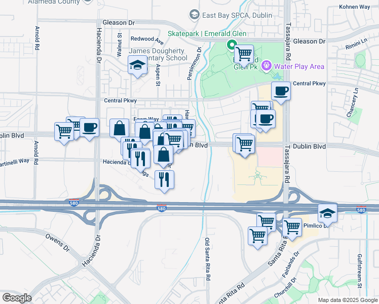 map of restaurants, bars, coffee shops, grocery stores, and more near 4556 Dublin Boulevard in Dublin
