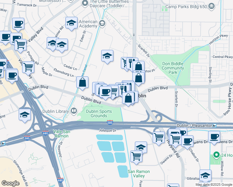 map of restaurants, bars, coffee shops, grocery stores, and more near 6634 Sierra Lane in Dublin