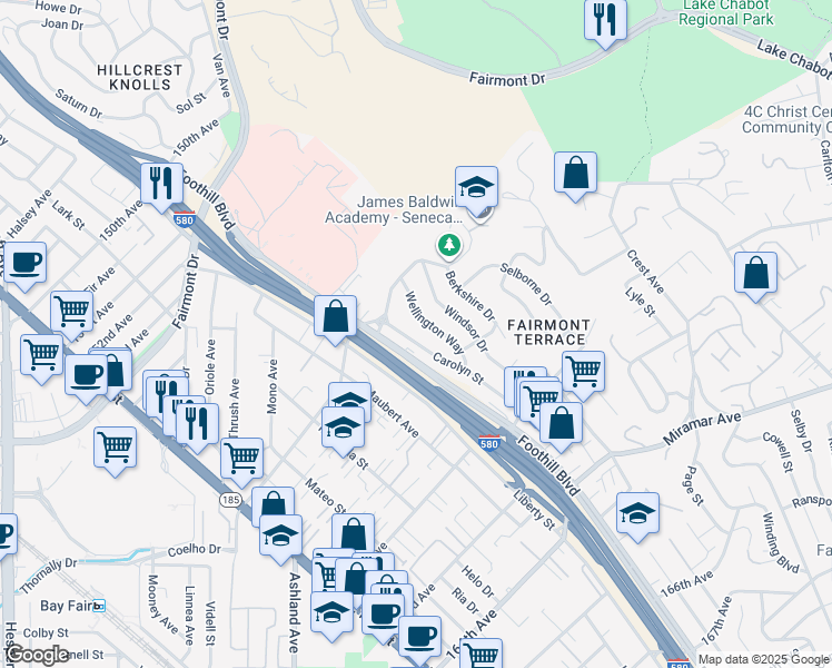 map of restaurants, bars, coffee shops, grocery stores, and more near 15976 Carolyn Street in San Leandro