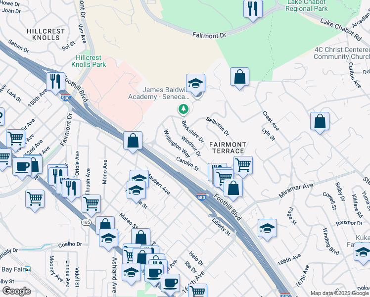 map of restaurants, bars, coffee shops, grocery stores, and more near 16056 Wellington Way in San Leandro