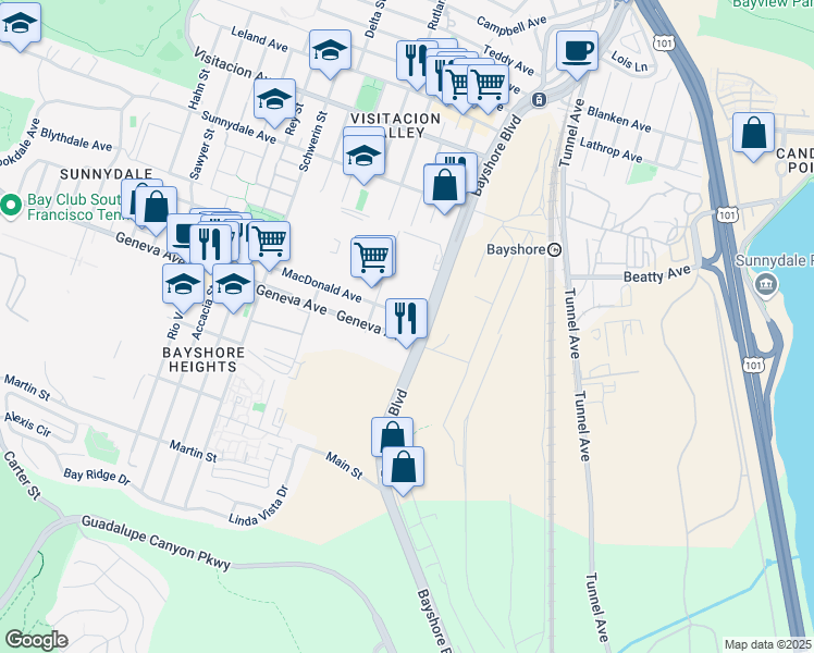 map of restaurants, bars, coffee shops, grocery stores, and more near 16 Macdonald Avenue in Daly City