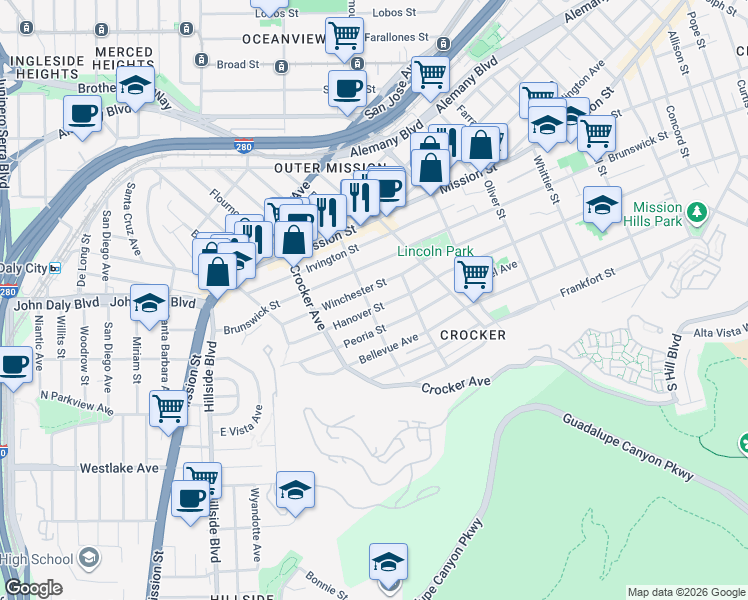map of restaurants, bars, coffee shops, grocery stores, and more near 301 Evergreen Avenue in Daly City