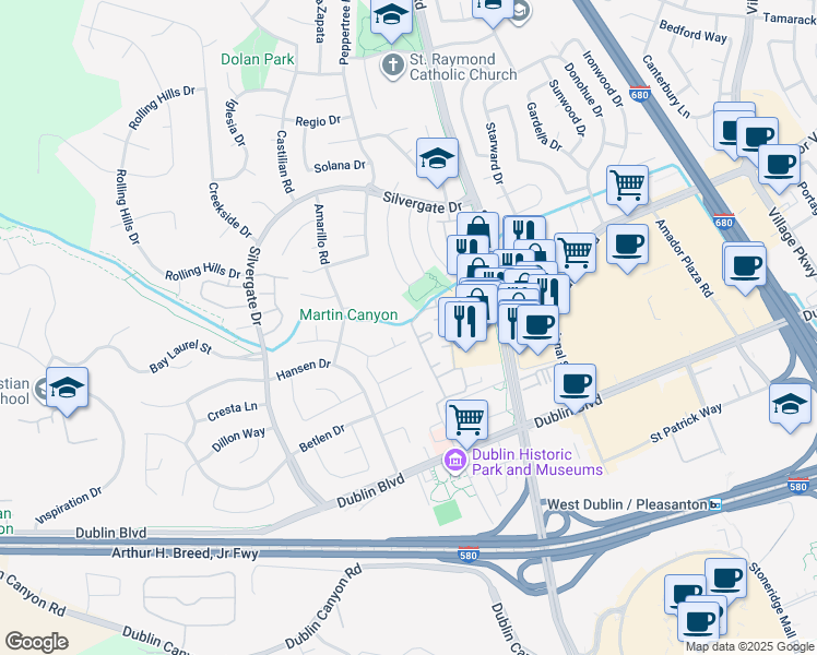 map of restaurants, bars, coffee shops, grocery stores, and more near 7392 Shadow Place in Dublin