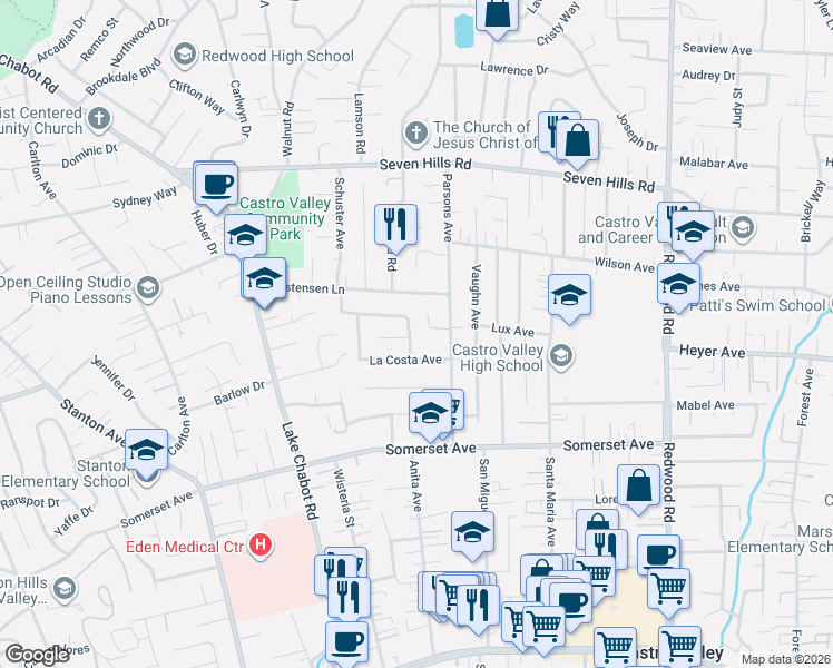 map of restaurants, bars, coffee shops, grocery stores, and more near 3657 Parsons Court in Castro Valley