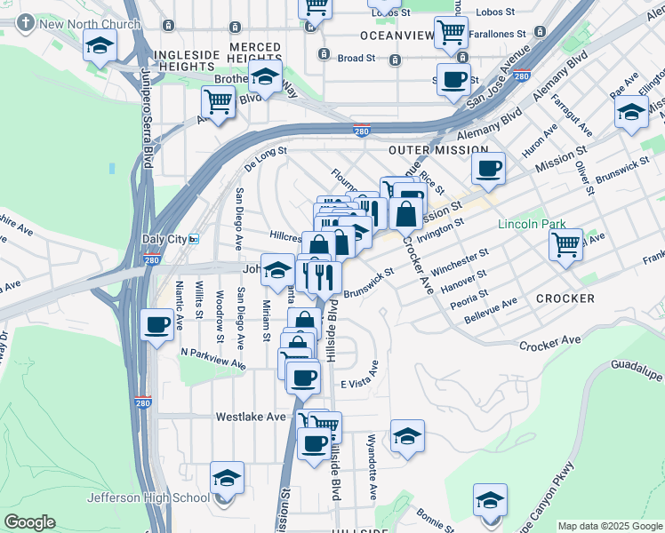 map of restaurants, bars, coffee shops, grocery stores, and more near 6331 California 82 in Daly City