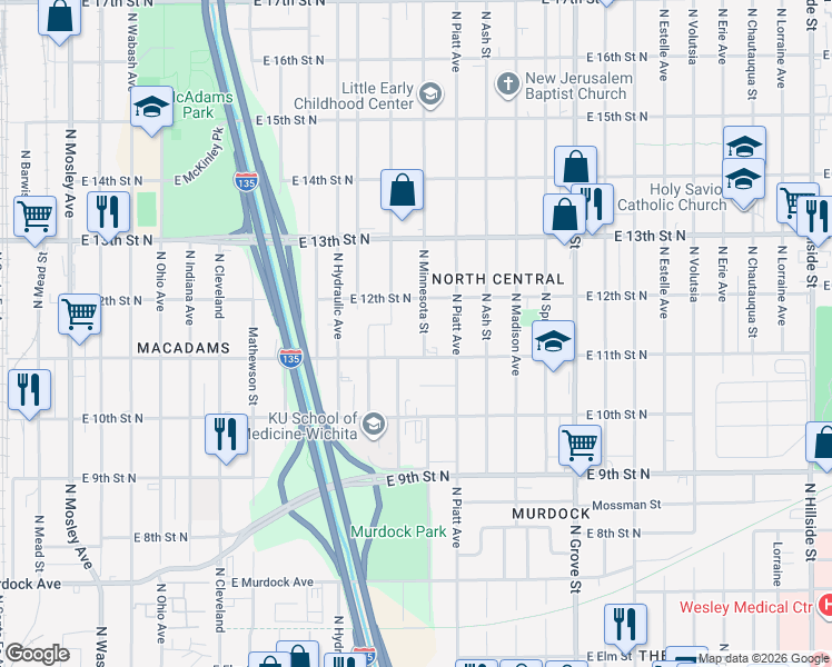 map of restaurants, bars, coffee shops, grocery stores, and more near 1233 North Minnesota Street in Wichita