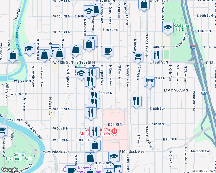 map of restaurants, bars, coffee shops, grocery stores, and more near 1235 North Emporia Avenue in Wichita