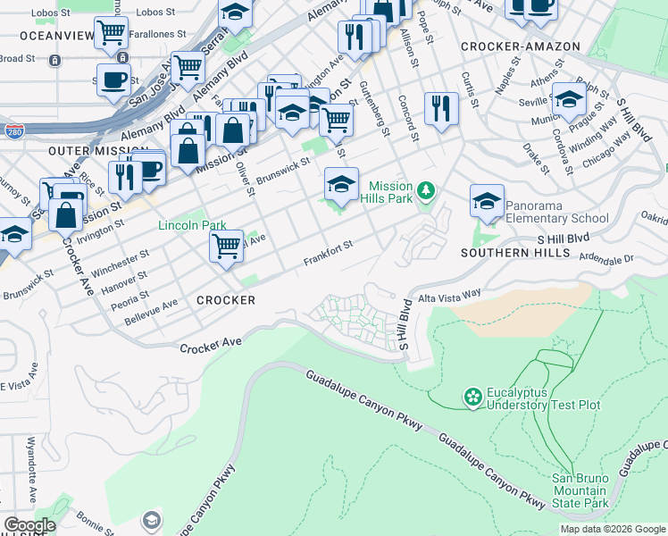 map of restaurants, bars, coffee shops, grocery stores, and more near 227 Frankfort Street in Daly City