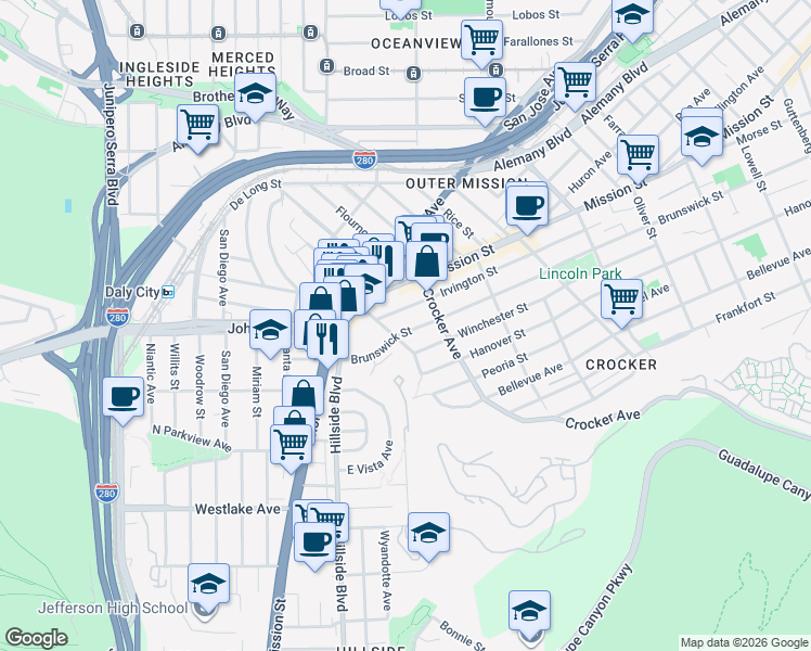 map of restaurants, bars, coffee shops, grocery stores, and more near 471 Irvington Street in Daly City