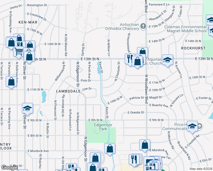 map of restaurants, bars, coffee shops, grocery stores, and more near 1151-1199 Kevin St in Wichita