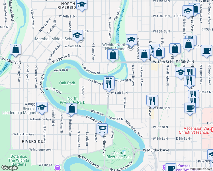 map of restaurants, bars, coffee shops, grocery stores, and more near 907 West 12th Street North in Wichita