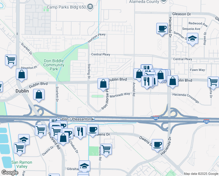 map of restaurants, bars, coffee shops, grocery stores, and more near Esprit Way in Dublin