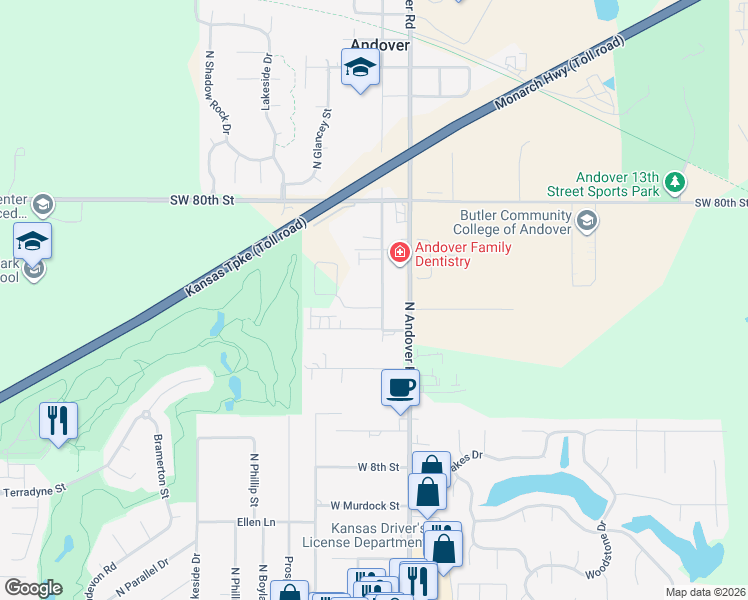 map of restaurants, bars, coffee shops, grocery stores, and more near 1117 North Main Street in Andover
