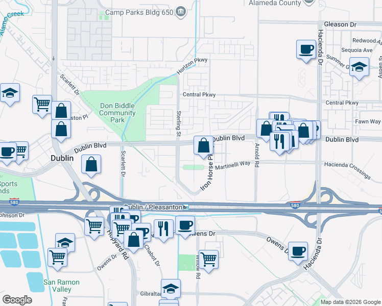 map of restaurants, bars, coffee shops, grocery stores, and more near 5501 DeMarcus Boulevard in Dublin