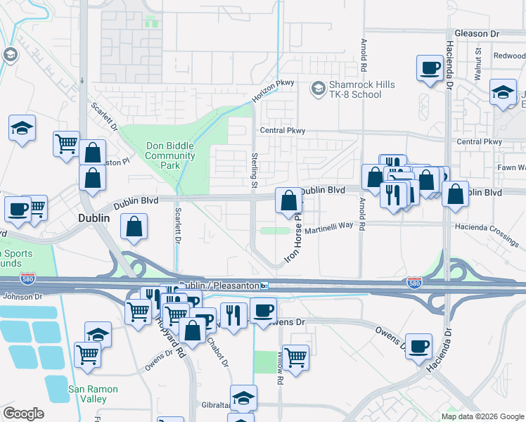 map of restaurants, bars, coffee shops, grocery stores, and more near 5501 Elan Way in Dublin