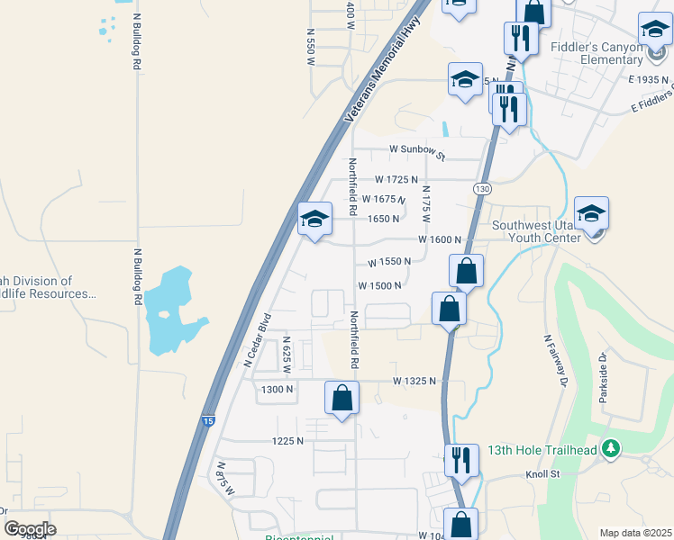 map of restaurants, bars, coffee shops, grocery stores, and more near 1549 Northfield Road in Cedar City