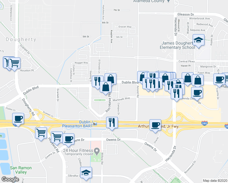 map of restaurants, bars, coffee shops, grocery stores, and more near 5530 Esprit Way in Dublin