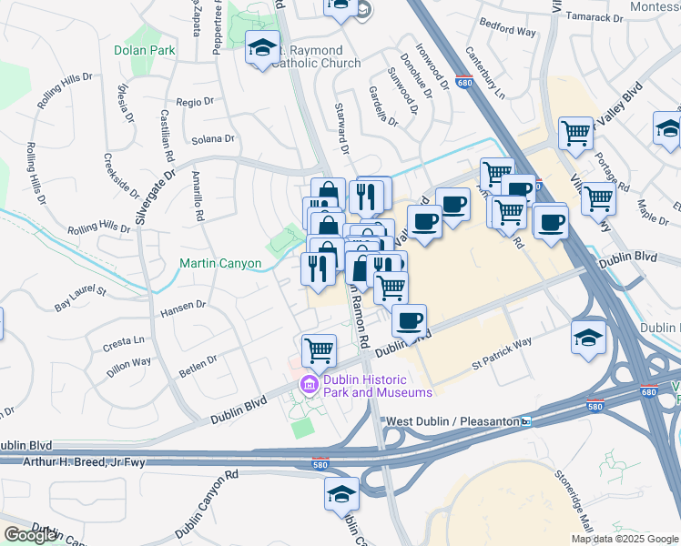 map of restaurants, bars, coffee shops, grocery stores, and more near 7300 Amador Valley Boulevard in Dublin