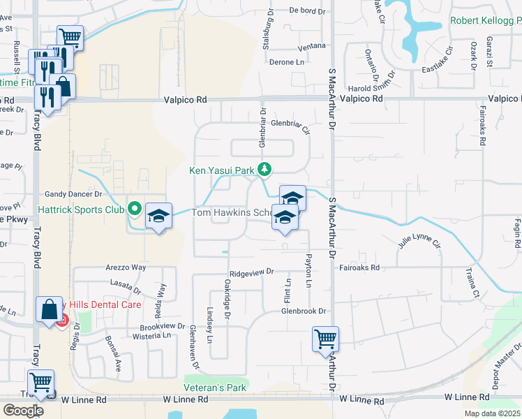 map of restaurants, bars, coffee shops, grocery stores, and more near 475 Darlene Lane in Tracy