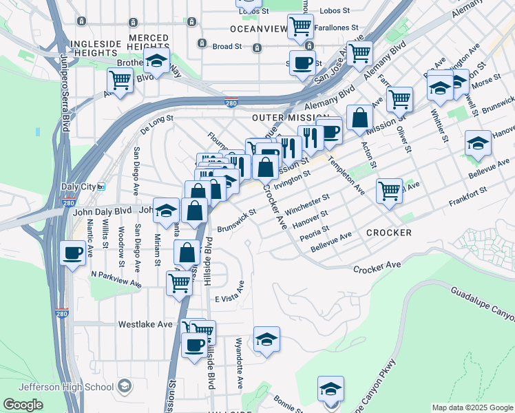 map of restaurants, bars, coffee shops, grocery stores, and more near 1252 Brunswick Street in Daly City