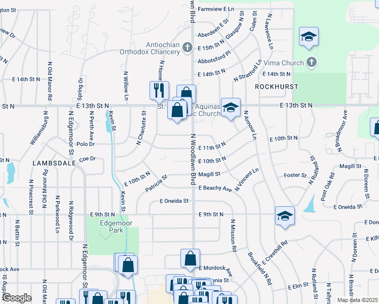 map of restaurants, bars, coffee shops, grocery stores, and more near 6309 East 11th Street North in Wichita