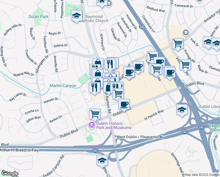 map of restaurants, bars, coffee shops, grocery stores, and more near 7300 Amador Valley Boulevard in Dublin